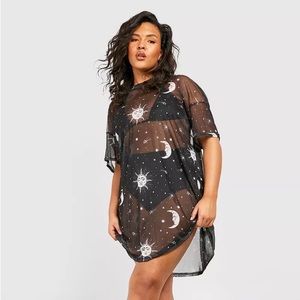 Boohoo Plus Sun & Moon Mesh T-shirt Dress - Black Pattern - US 16